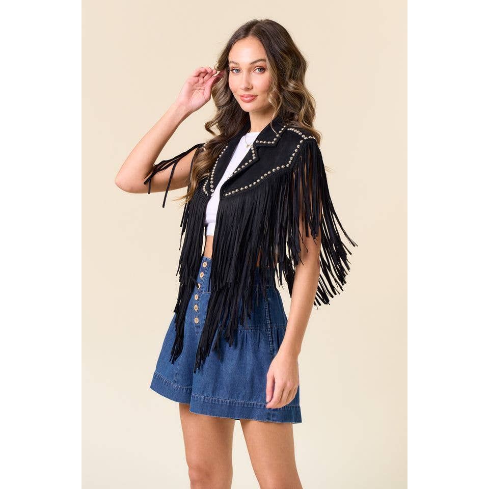 SIJ5338A BLACK STUDDED FRINGE SHRUG