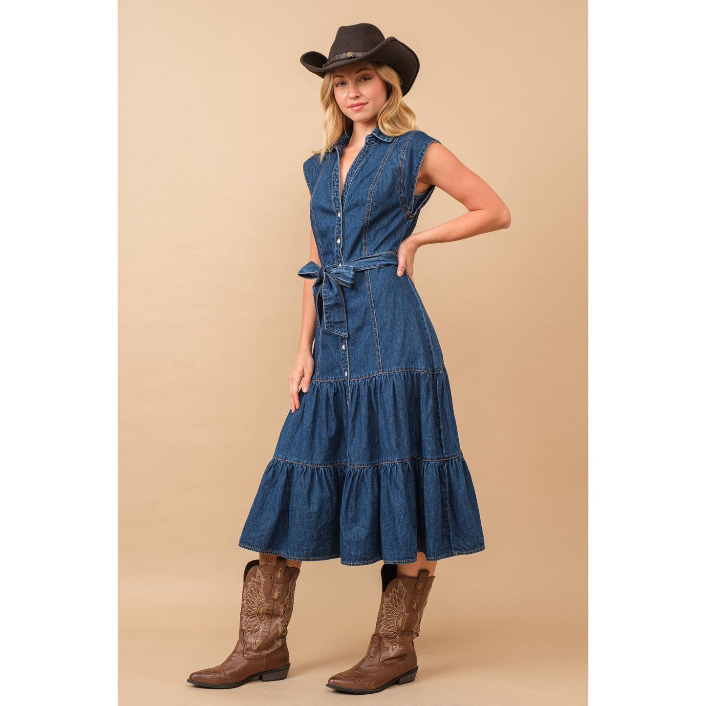 80189D - Belted Button Up Tiered Denim Midi Dress