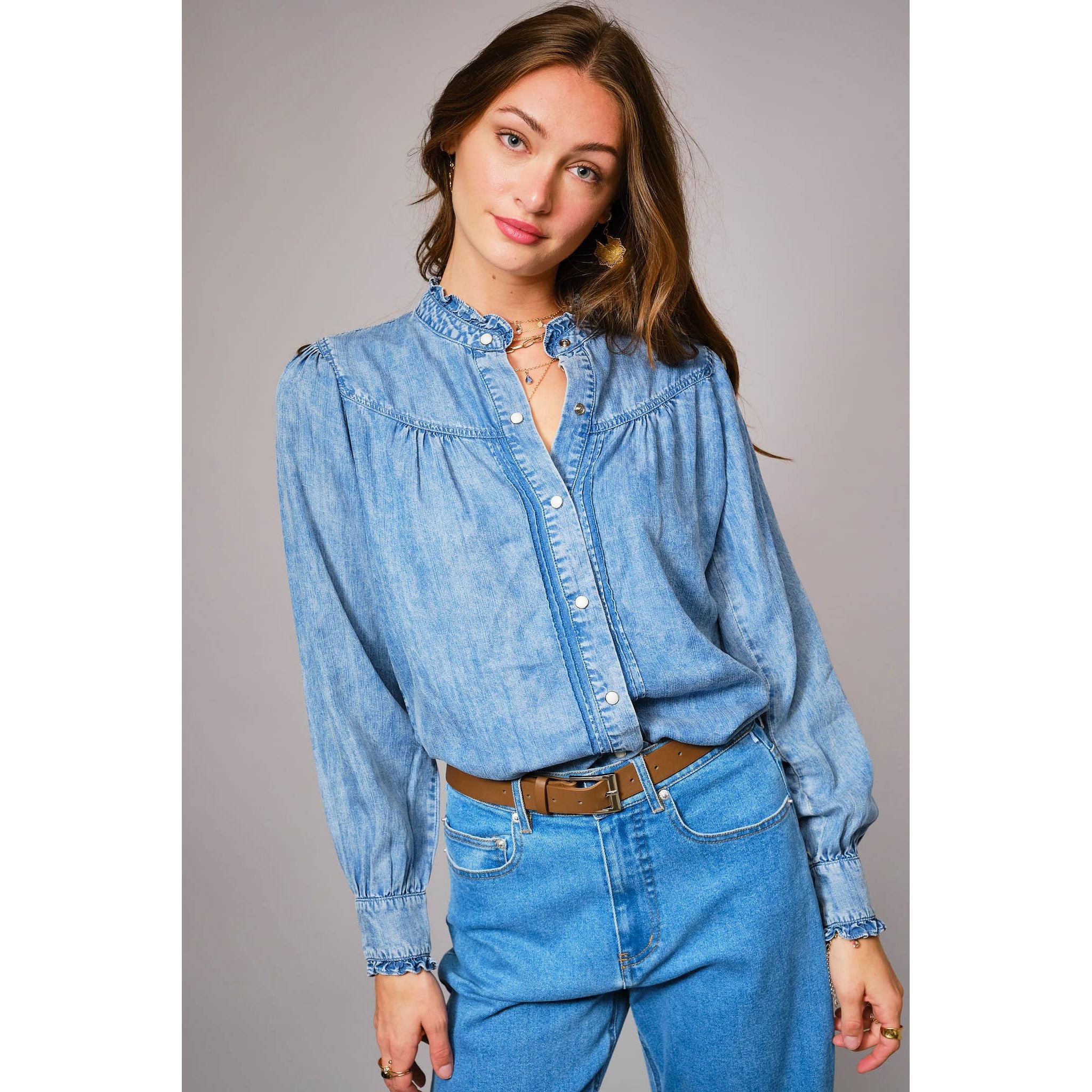 Blue B. Ruffle Neck Denim Snap Button Shirt 23709T