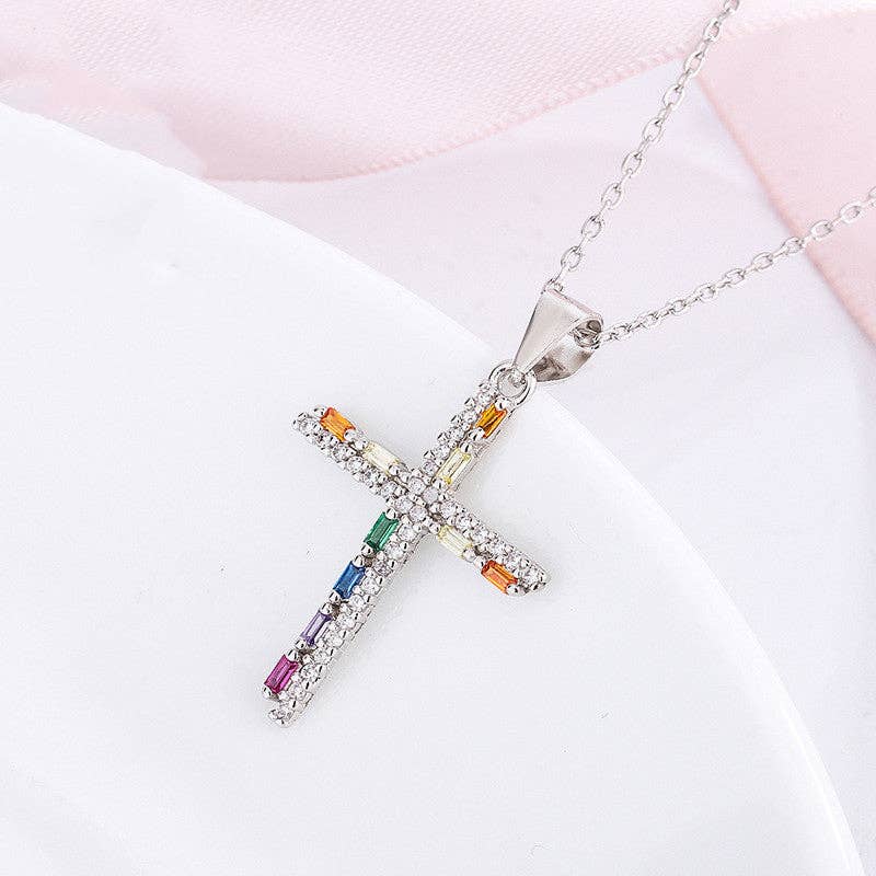 Rainbow Gemstone Cross Charm Necklace in 925 Sterling Silver