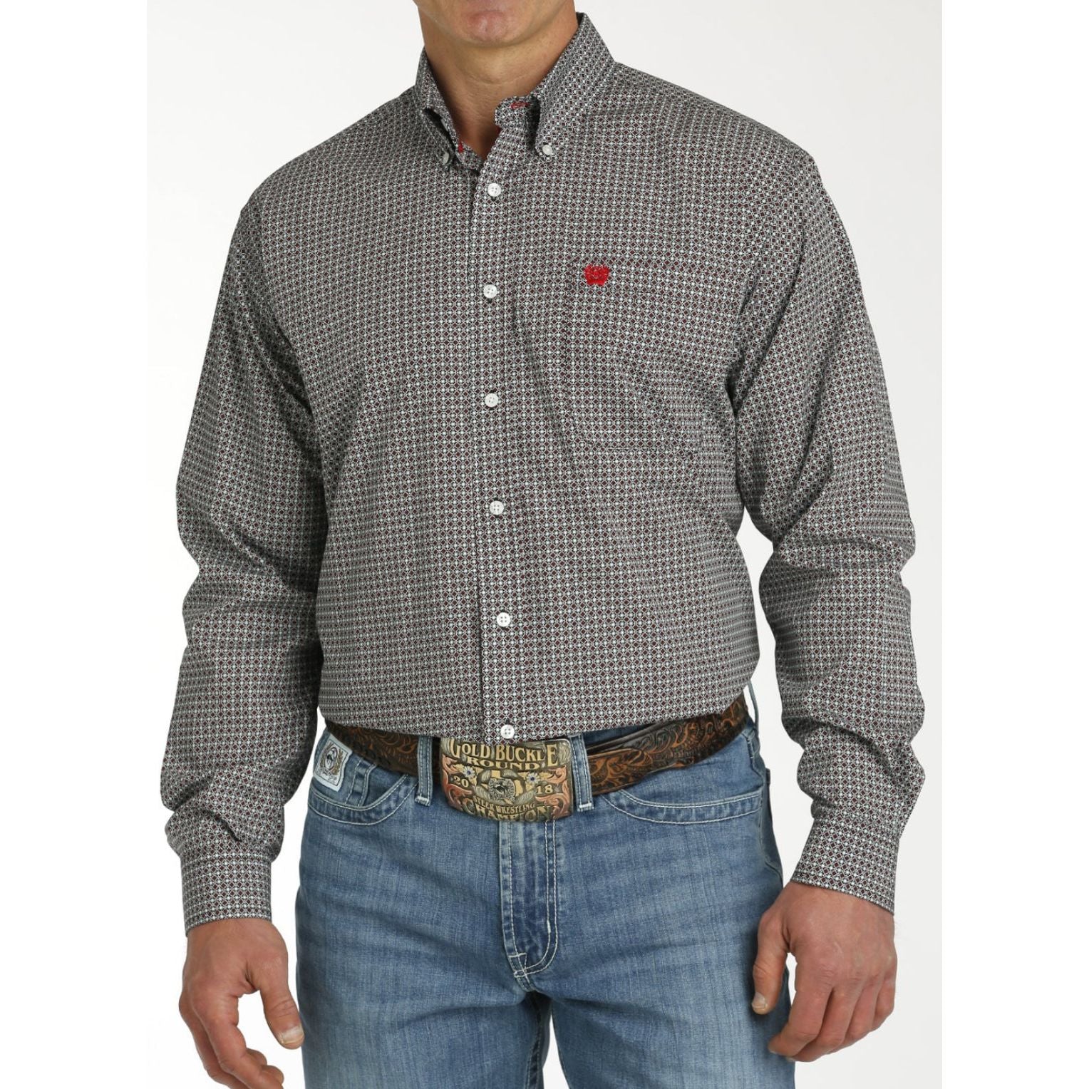 MEN'S MEDALLION PRINT BUTTON-DOWN WESTERN SHIRT - RED/BLACK