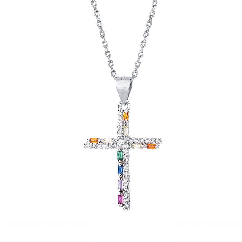 Rainbow Gemstone Cross Charm Necklace in 925 Sterling Silver