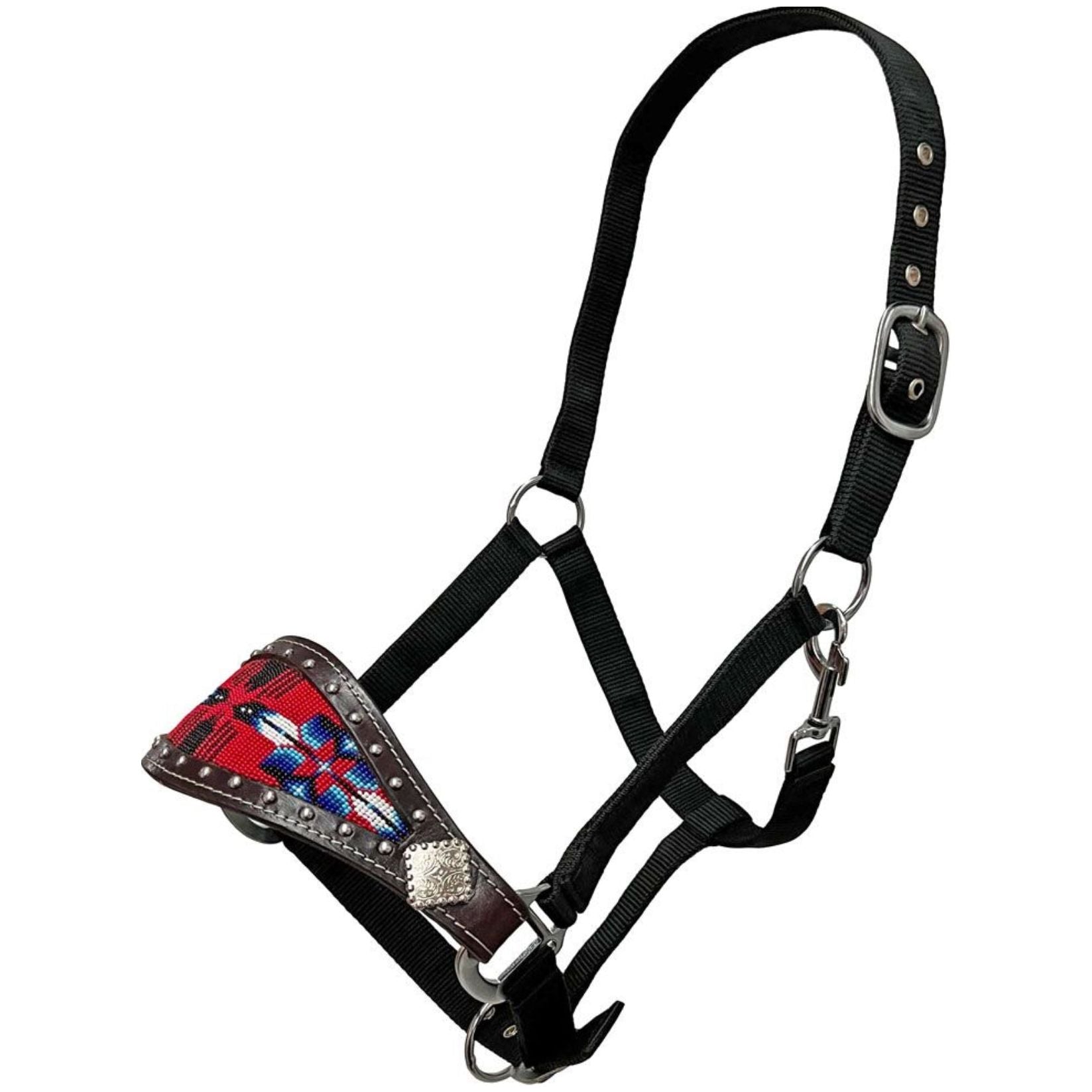 Rugged Ride Bronc Halter With Beaded Inlay - Red Aztec Feather