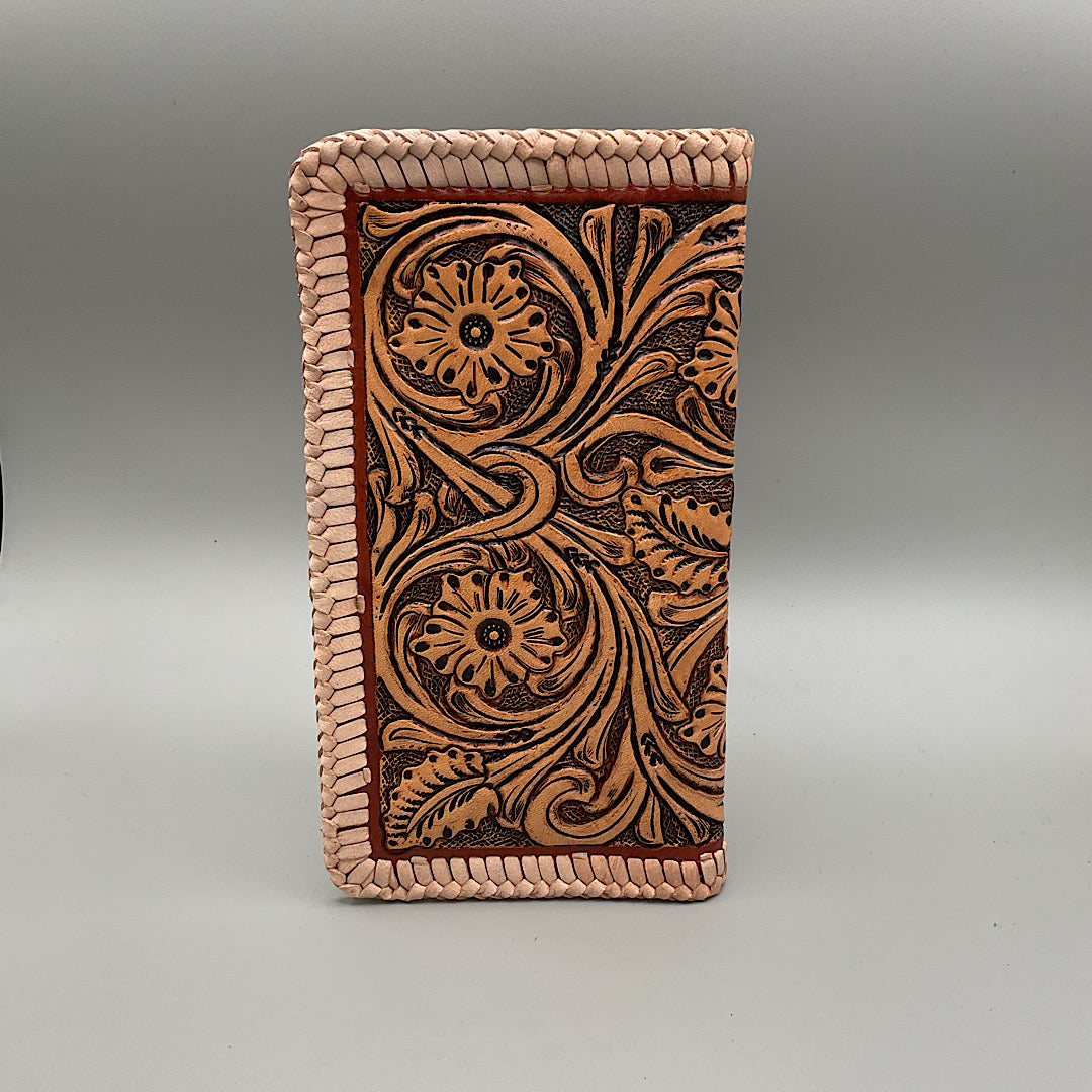 Ranger Belt Co - Tan Carved Leather With Whipstitch Boarder Men’s Checkbook Cover/Rodeo Wallet H-64