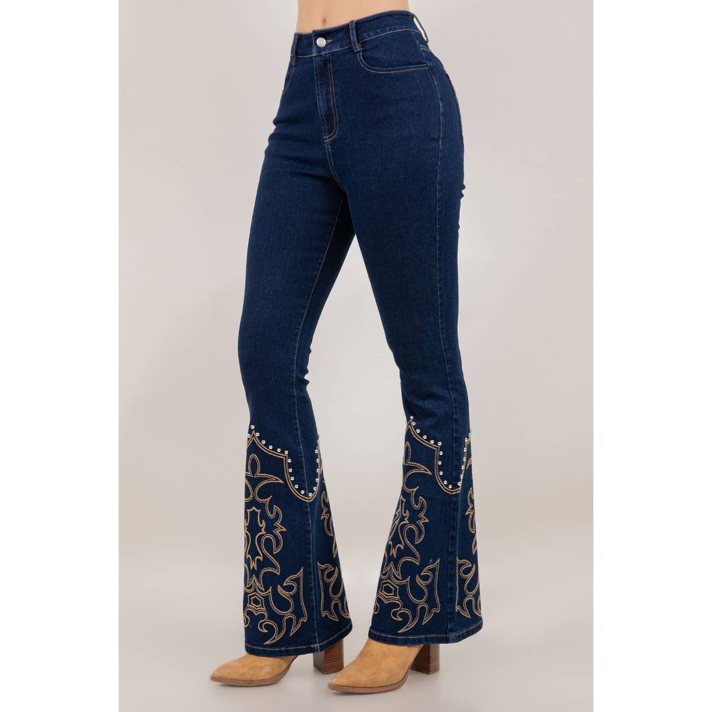 SIP6428A  DARK WASH EMBROIDERY AND STUD DETAIL DENIM PANTS