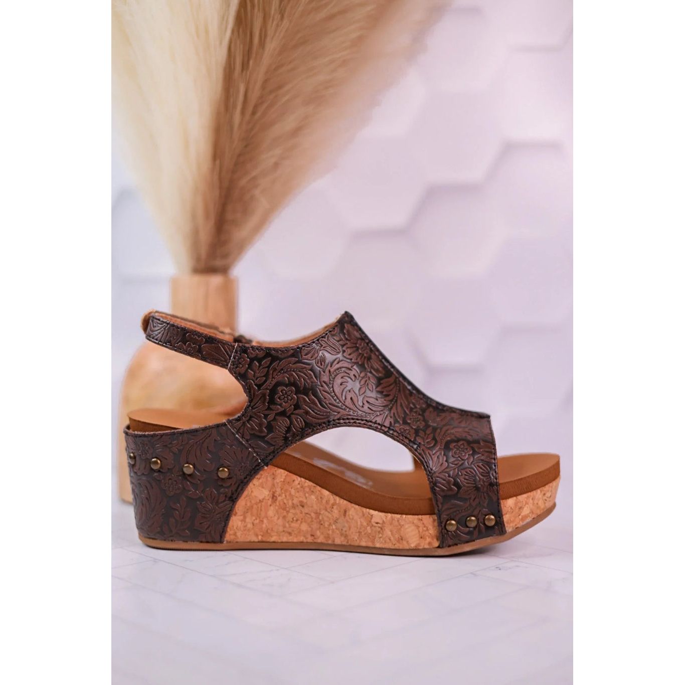 Isabella Tooled Chocolate Wedge Sandal