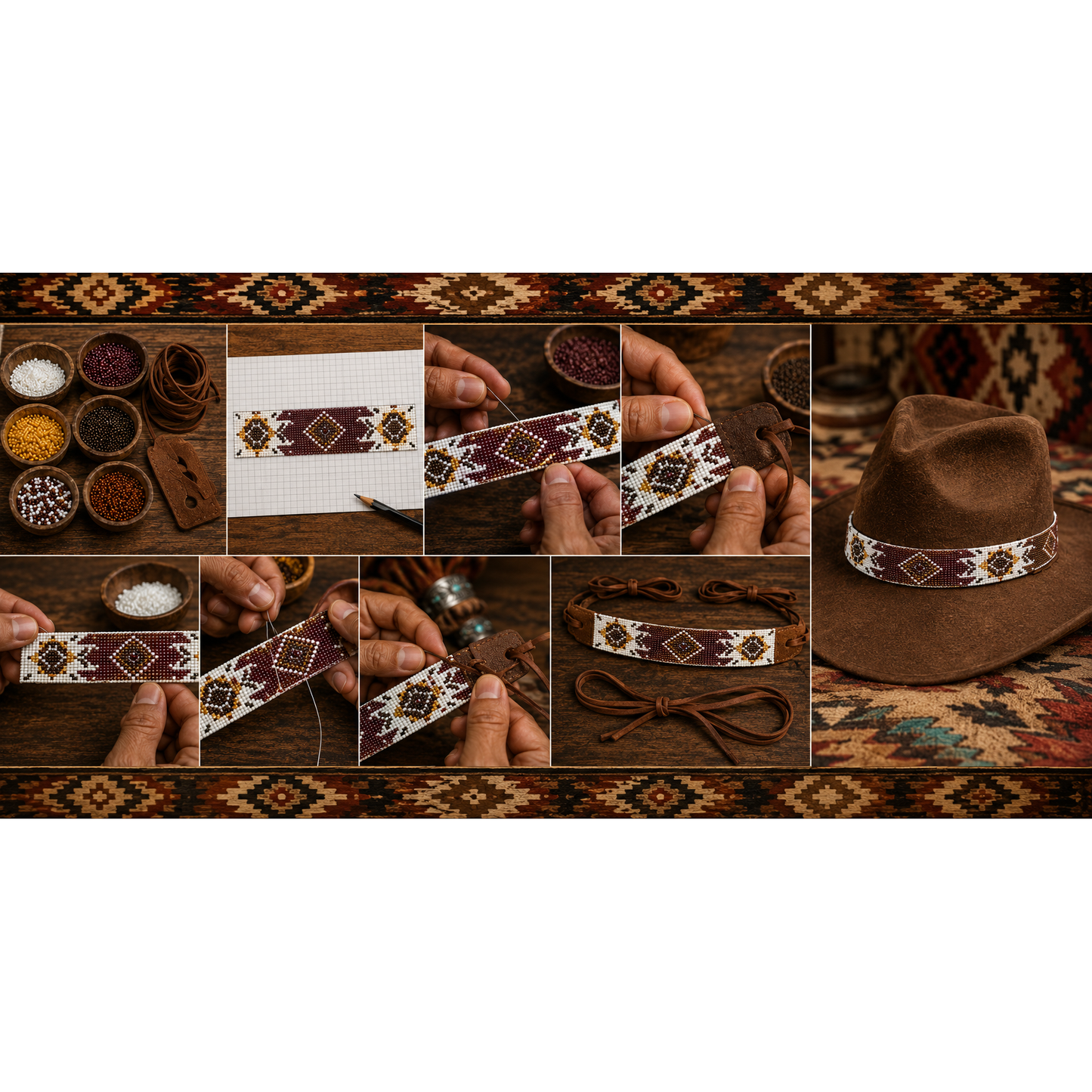 Brown White Seed Beaded Cowboy Turtle Unisex Handmade Hatband
