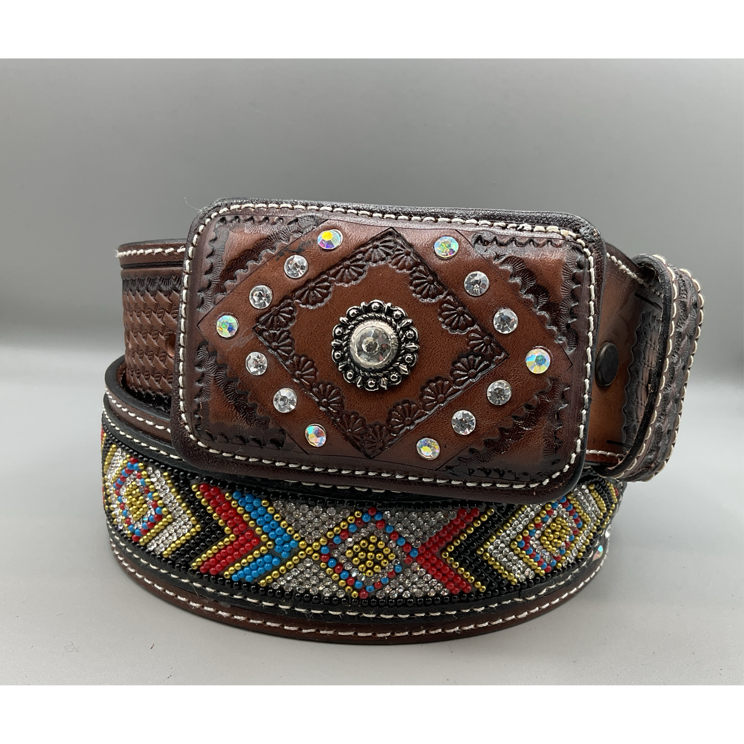 Lucky & Blessed Ladies Belt w/ buckle - stamped, round concho, rhinestone
