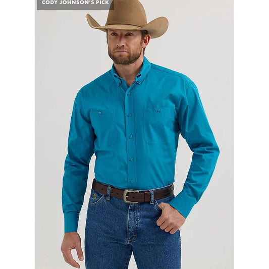 WRANGLER® GEORGE STRAIT™ LONG SLEEVE BUTTON DOWN TWO POCKET SHIRT IN SOLID TEAL