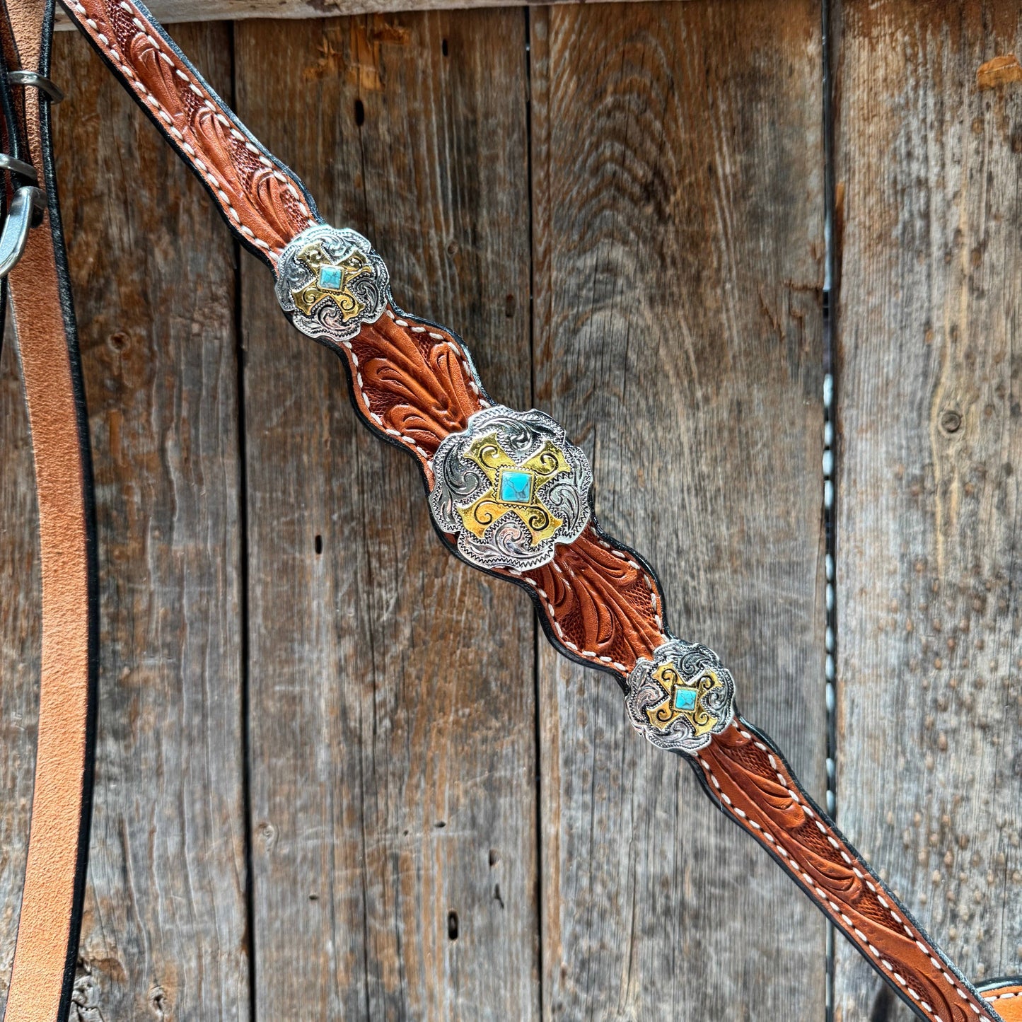 Rodeo Drive - Light Oil Floral Gold Cross, Turquoise Browband/One Ear Breastcollar Tack Set #BBBC676