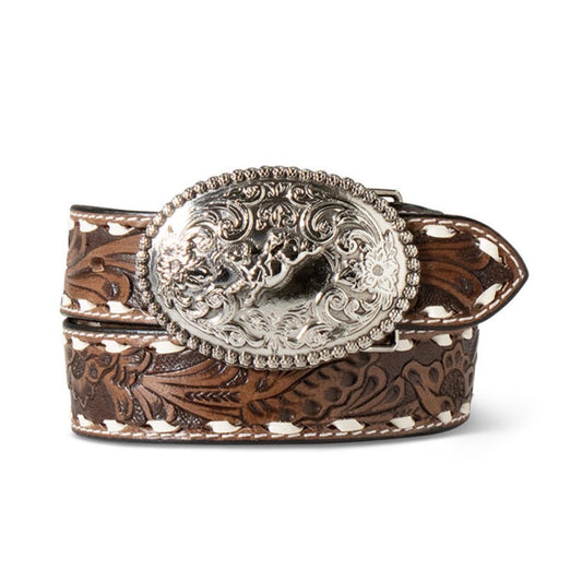 Ariat Boy's Brown Leather Belt with Floral Hand Tooling and Shiny Silver Buckle with Beaded Edge A1307802