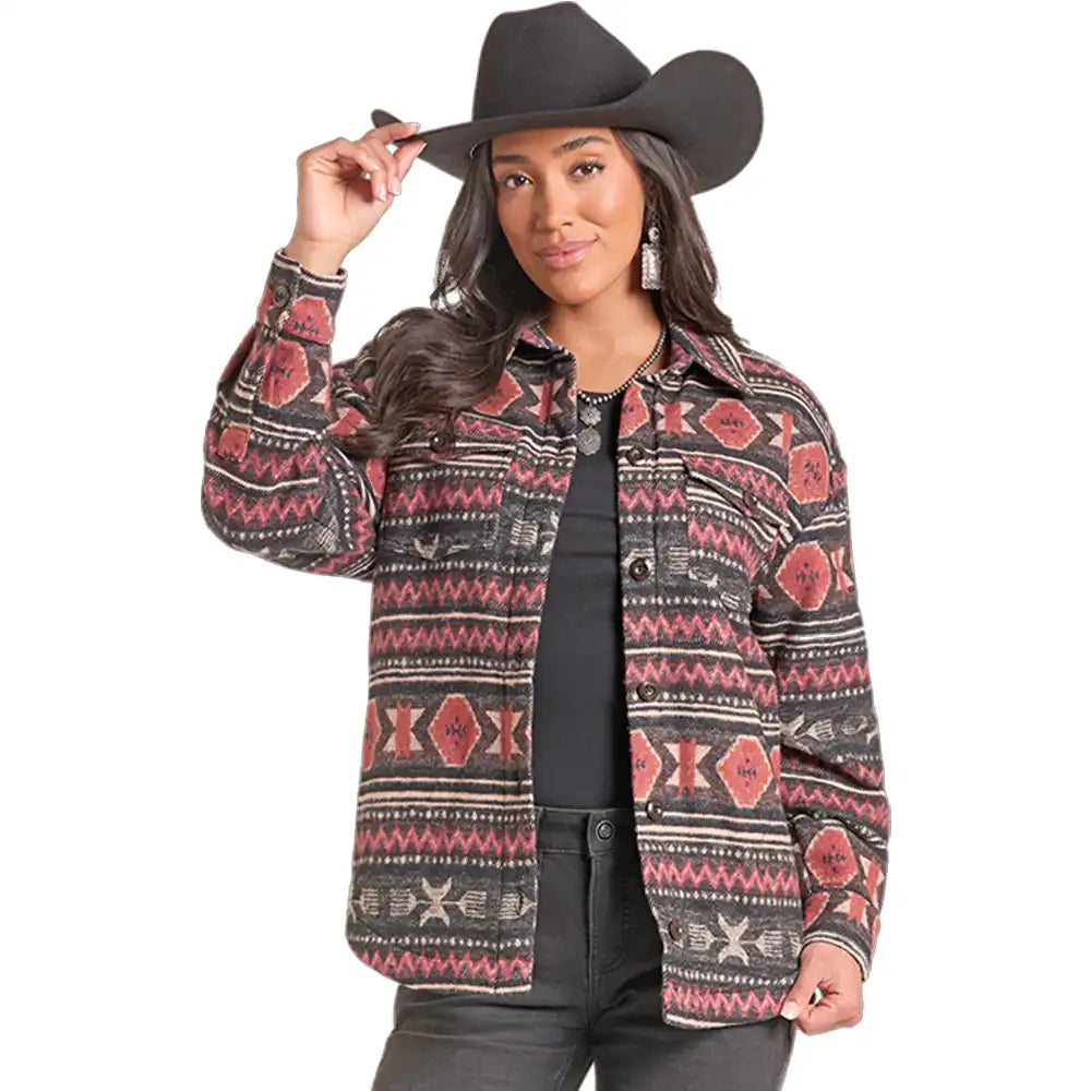 ROCK & ROLL DENIM
Women’s Sherpa Lined Shacket – Black & Red Aztec BW92C09418