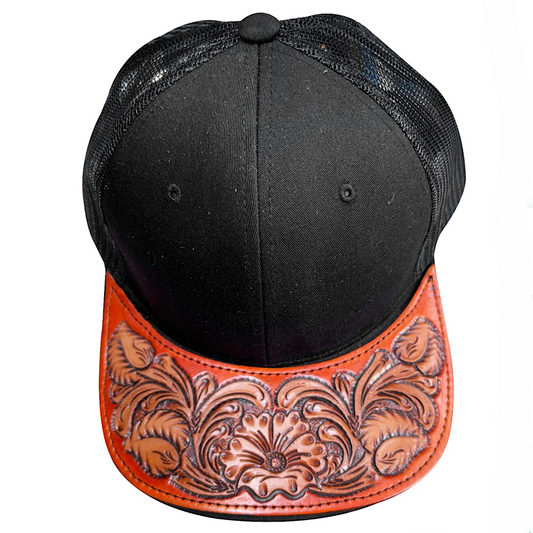 American Darling - Black With Carved Leather Bill Floral Snap Back Ladies Ball Cap ADCP101B