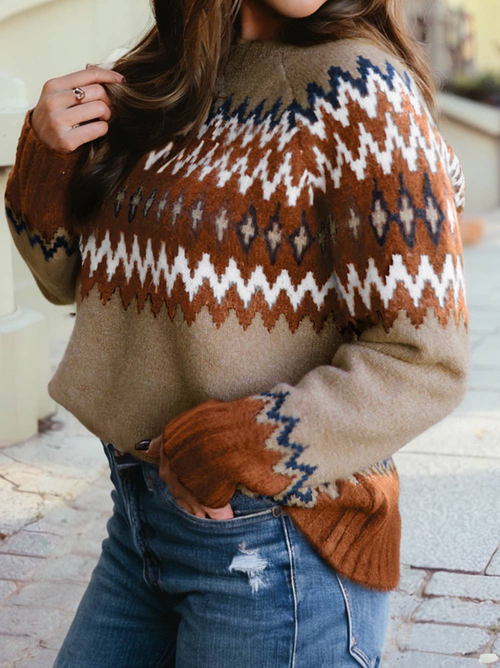 Western Print Colorblock Crew Neck Sweater