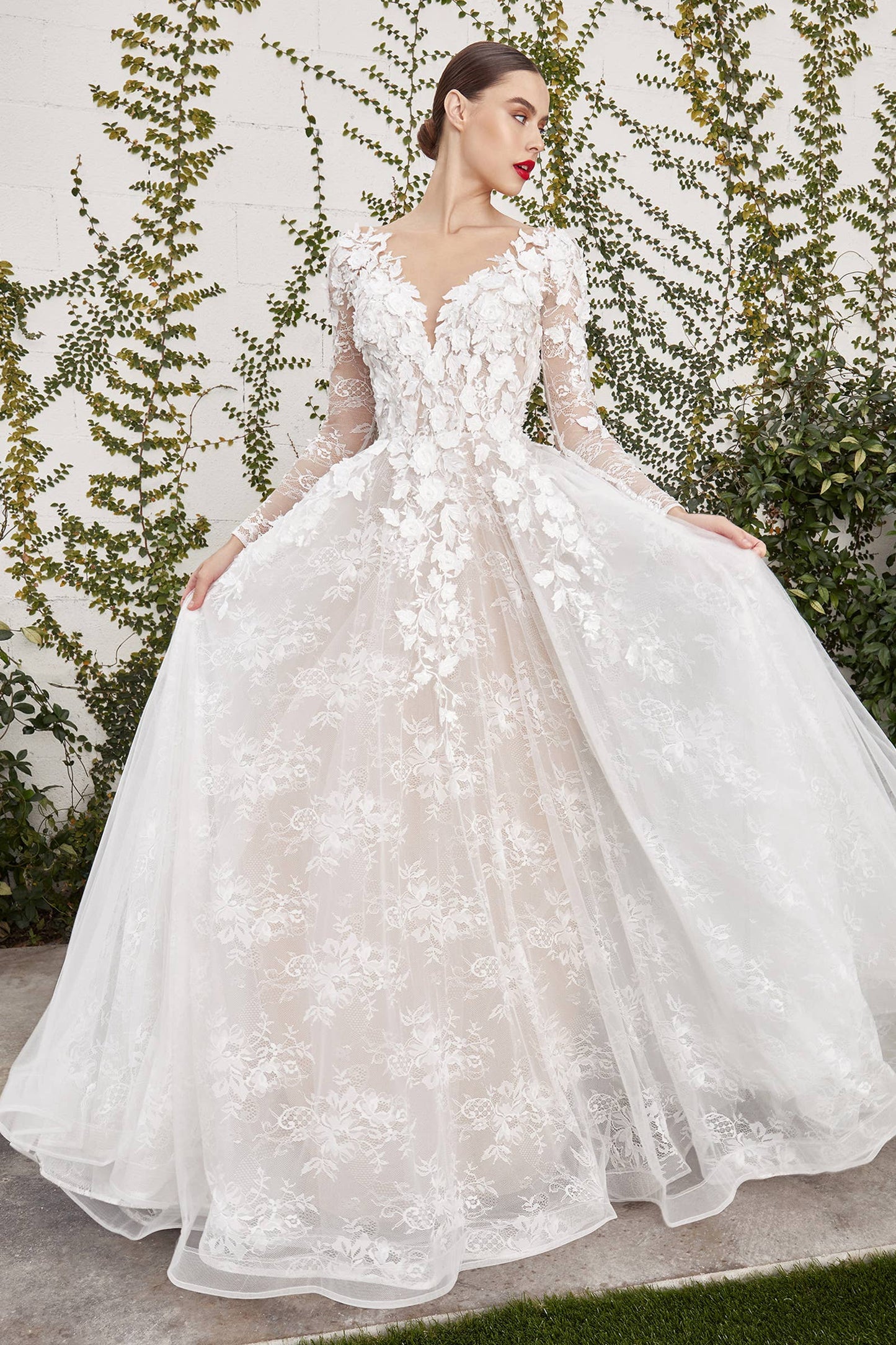 LONG SLEEVE WEDDING BLL GOWN WITH LACE LAYERS & APPLIQUE