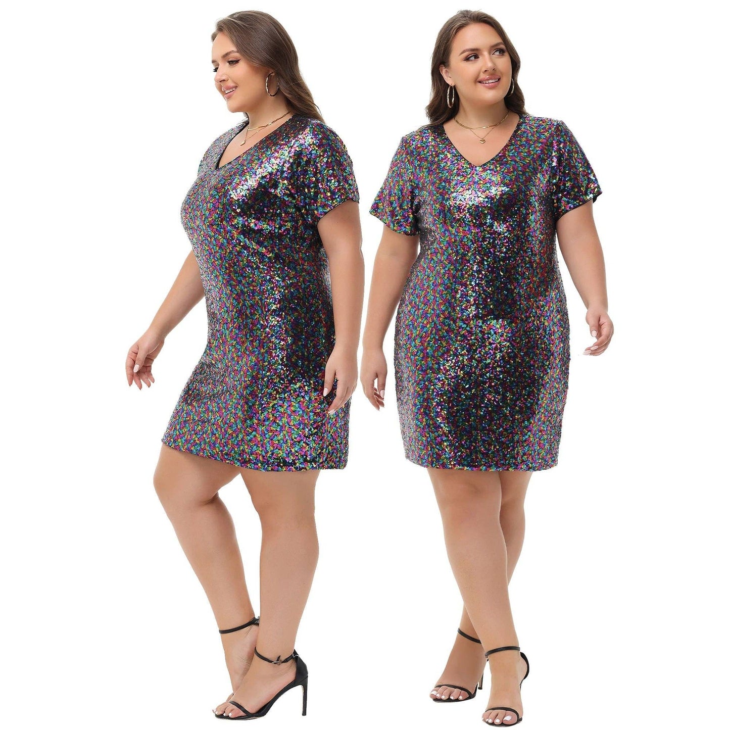 Plus Size Short Sleeve V Neck Sequin Dresses