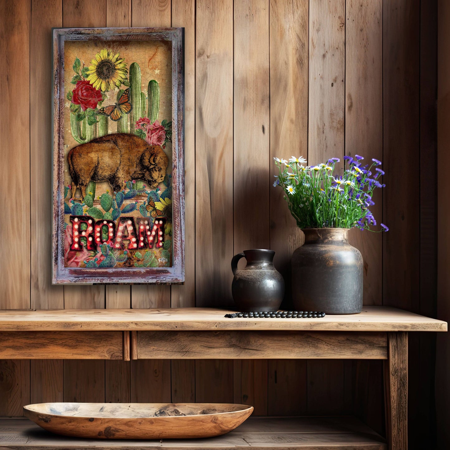 Buffalo and Cactus "Roam"- 14.5" x 30" Medium Rectangle