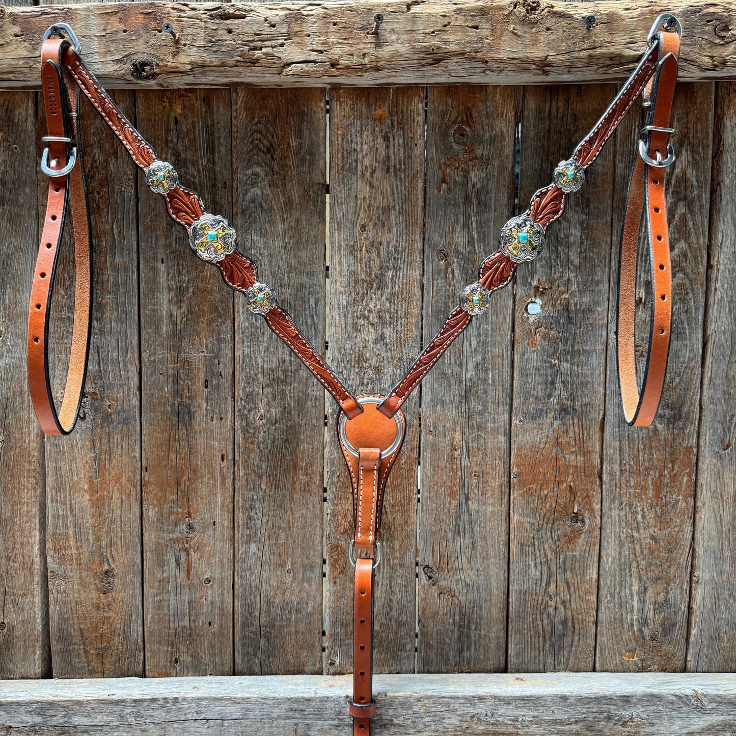 Rodeo Drive - Light Oil Floral Gold Cross, Turquoise Browband/One Ear Breastcollar Tack Set #BBBC676