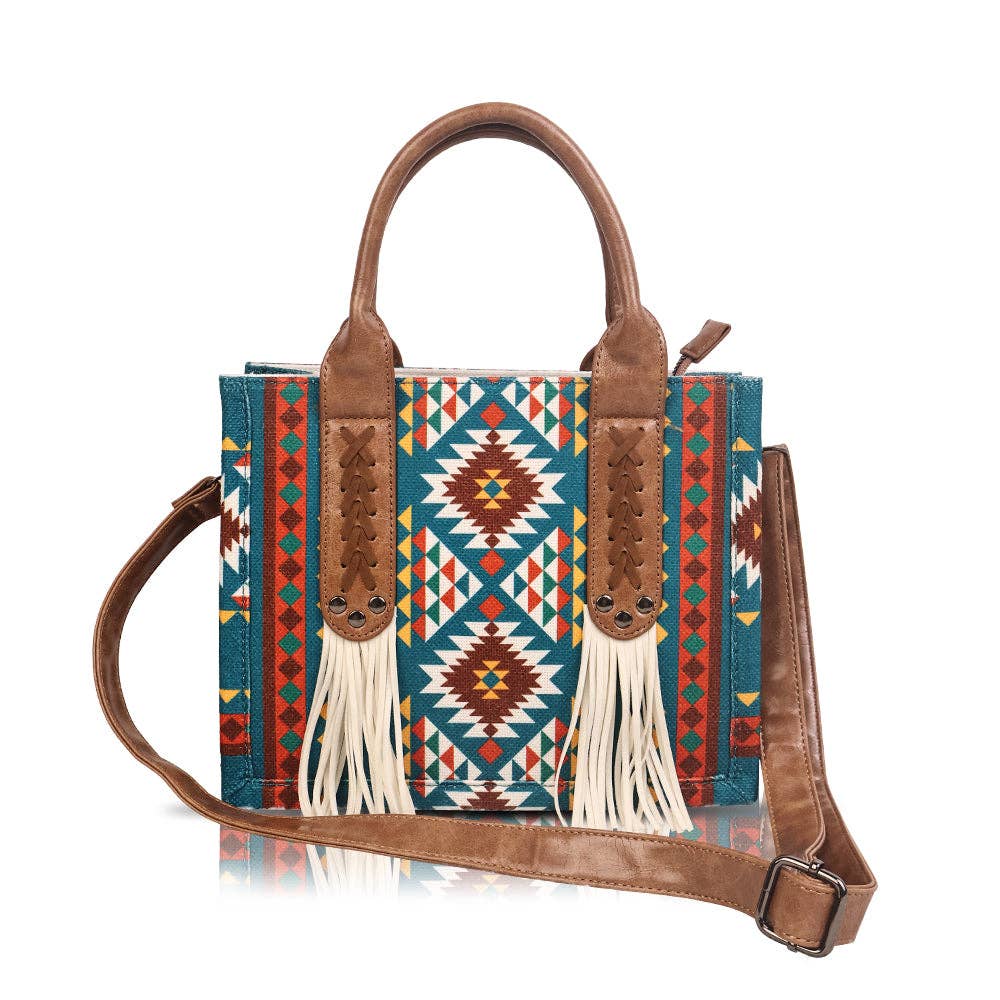 Fringe Blue Aztec Western Tote Bag