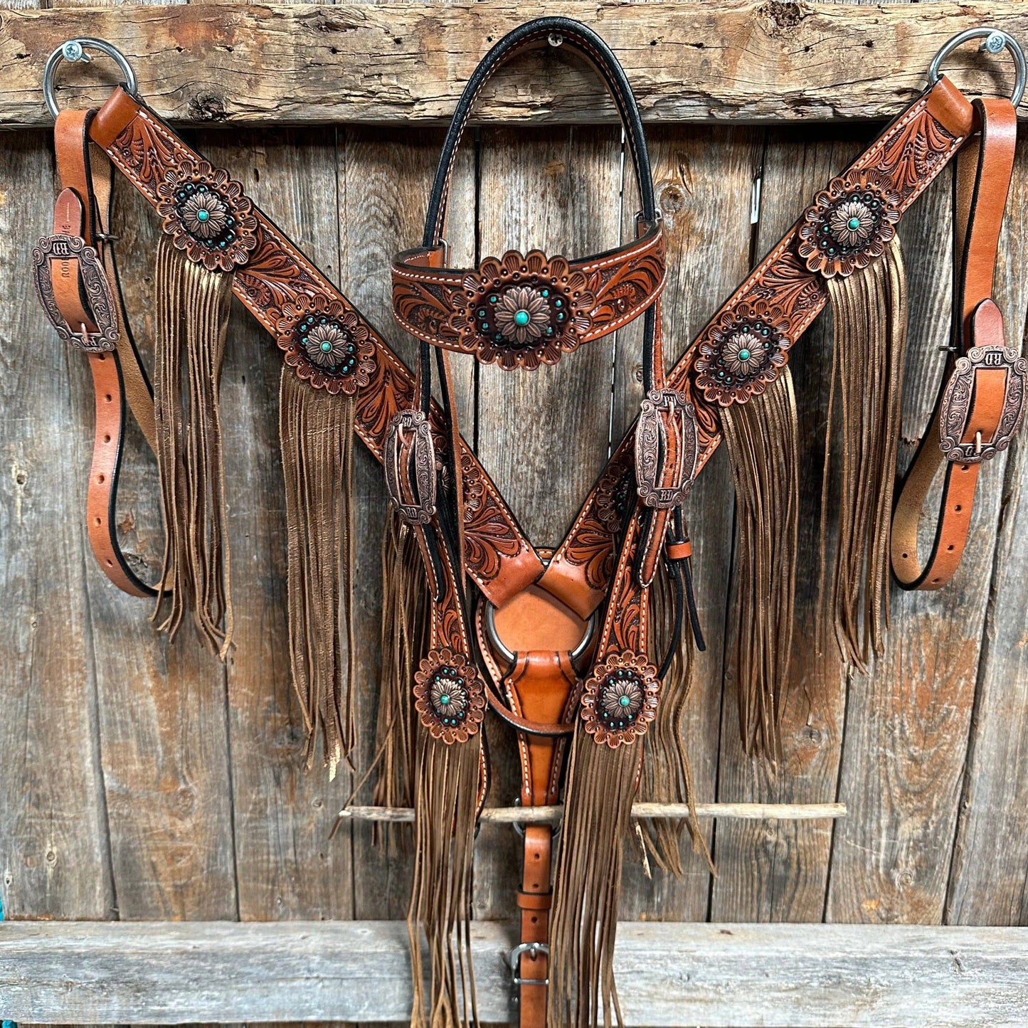 Honey Colored Floral Copper and Turquoise Tack Set #BBBC529