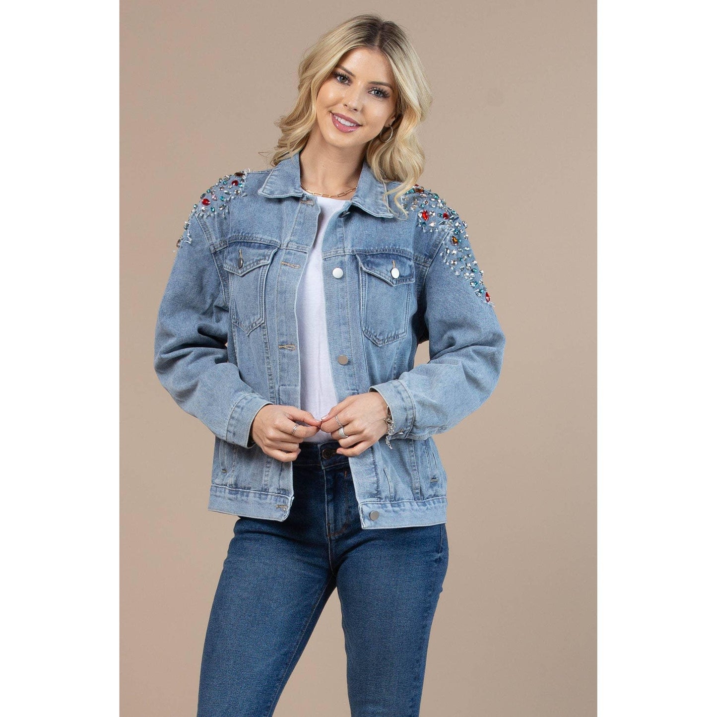 Nylon Apparel - 63001-Shoulder Rhinestones Washed Denim Jacket