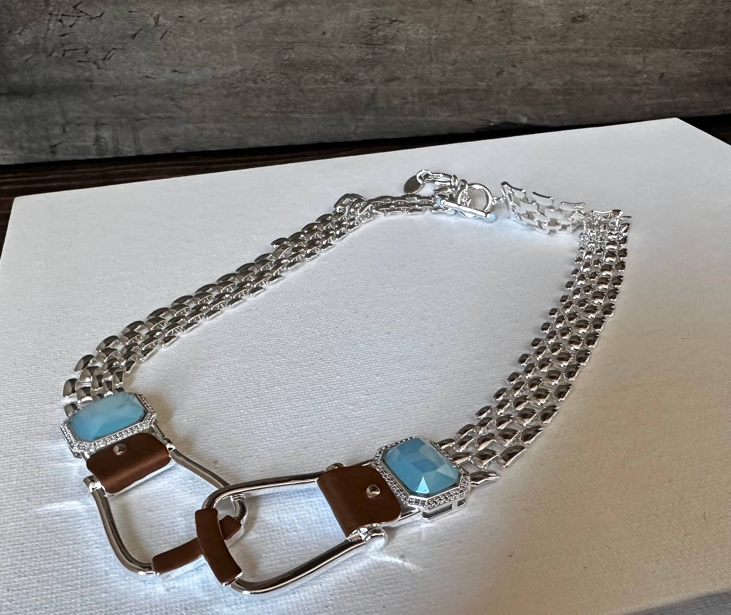 Bold Western Saddle Stirrup Necklace Aqua stone