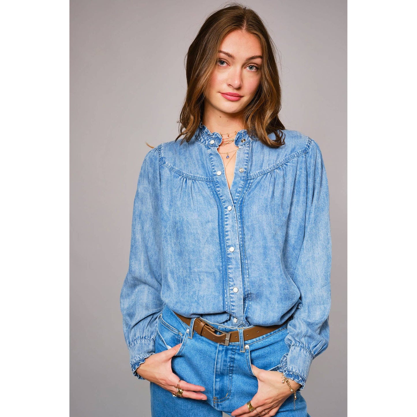 Blue B. Ruffle Neck Denim Snap Button Shirt 23709T