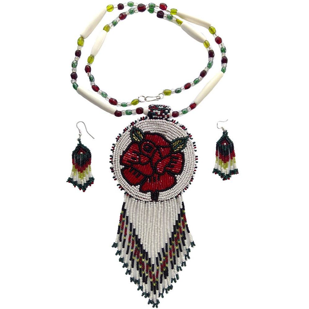 Red Rose Beadwork Long Medallion Handmade Beaded Necklace Earrings Set