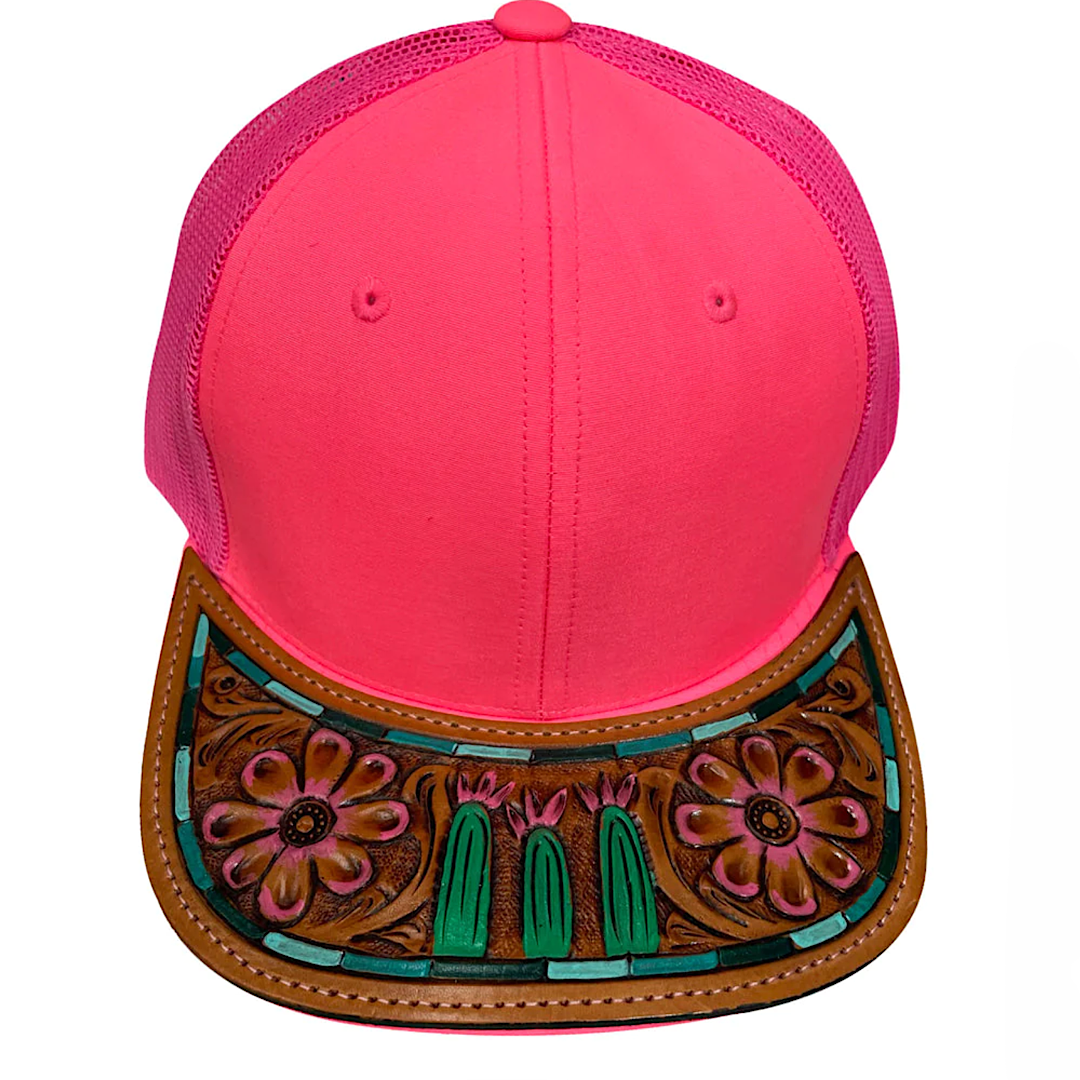 American Darling - Neon Pink & Black With Carved Leather Bill Sunflowers Snap Back Ladies Ball Cap ADCP104E