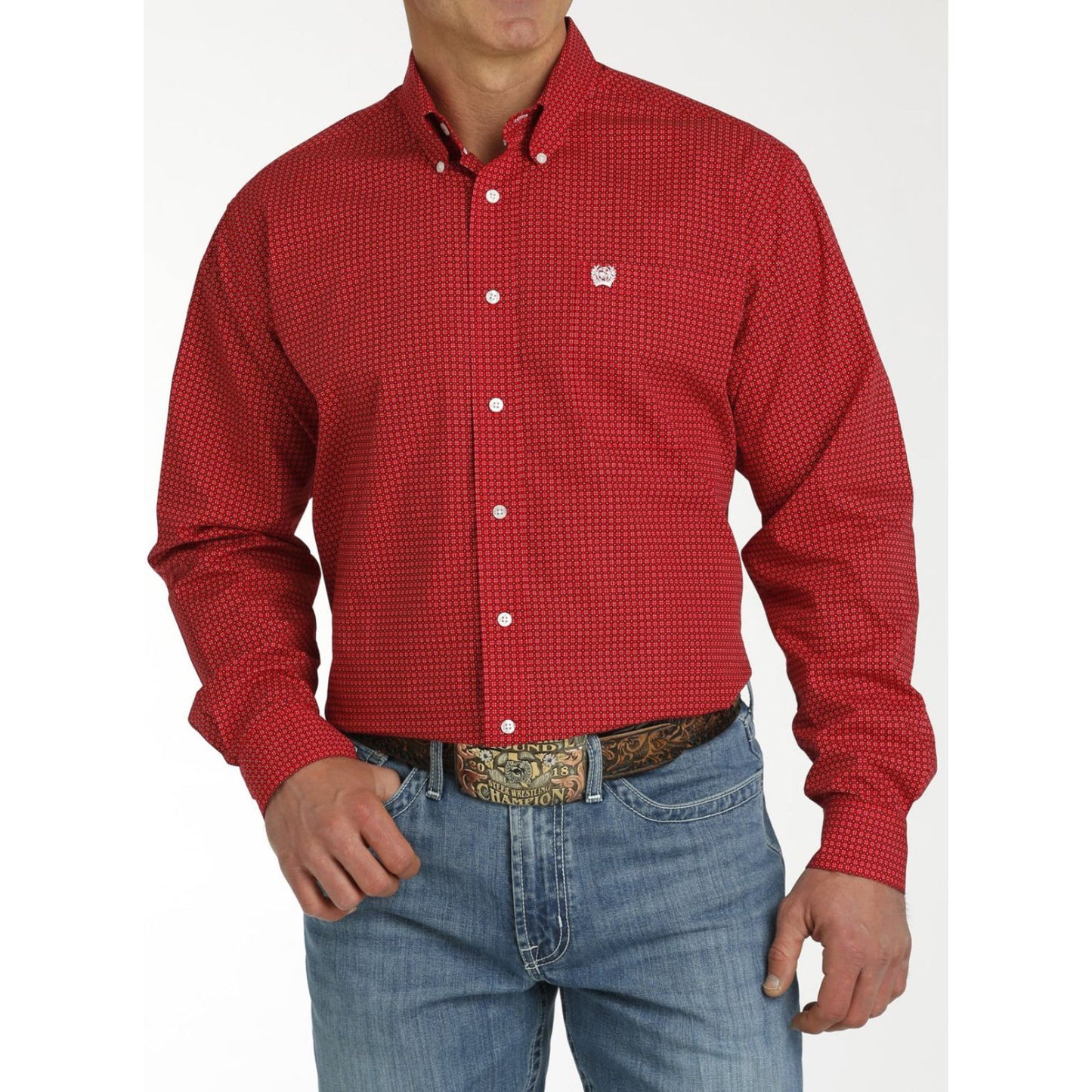 MEN'S MATCH BOY'S GEOMETRIC BUTTON-DOWN WESTERN SHIRT - RED/WHITE