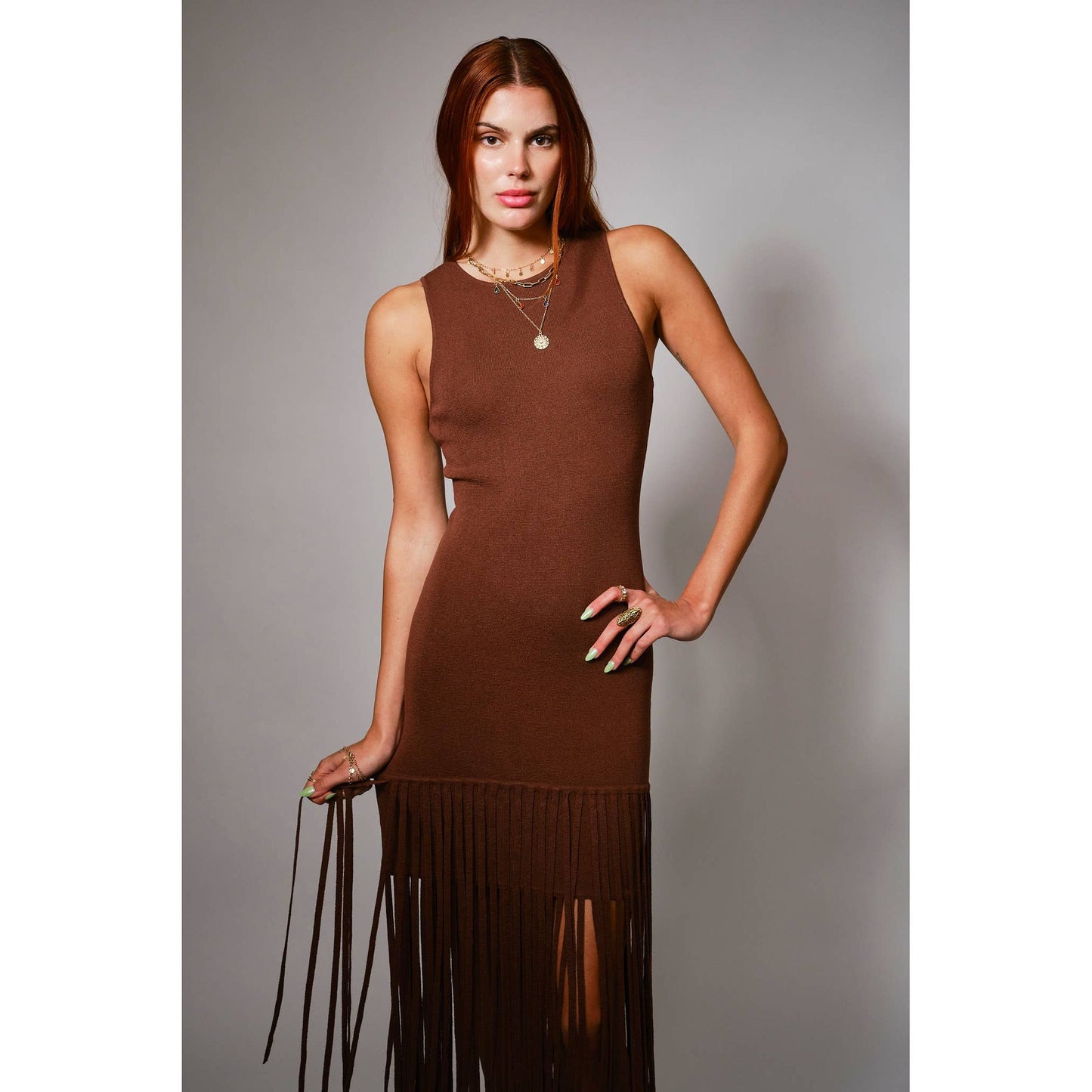 Fringe Hem Knit Maxi Dress 52154W