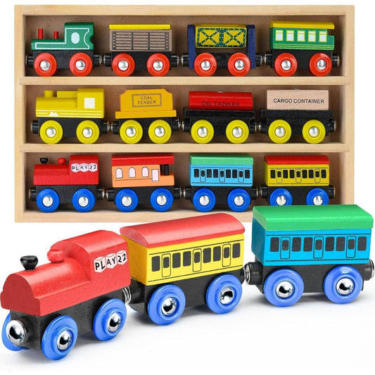 Play22 - "Wooden Train Set 12 PCS - Magnetic Engines & Toys"