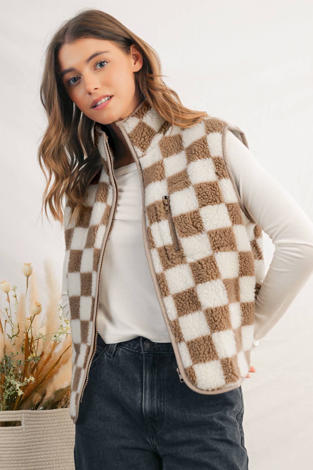 Checkered Collared Sherpa  Jacket Vest