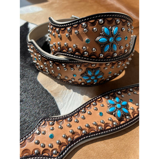 Western Tooled Leather Turquoise Concho Scalloped Dog Collar