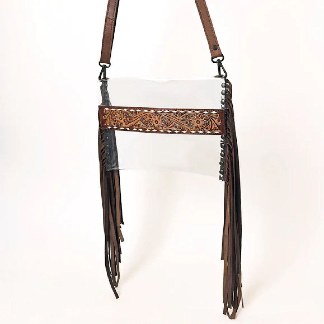 American Darling - Clear Body with Leather Fringe & with Tooling with White Buckstitch Accents Handbag ADBGZ718