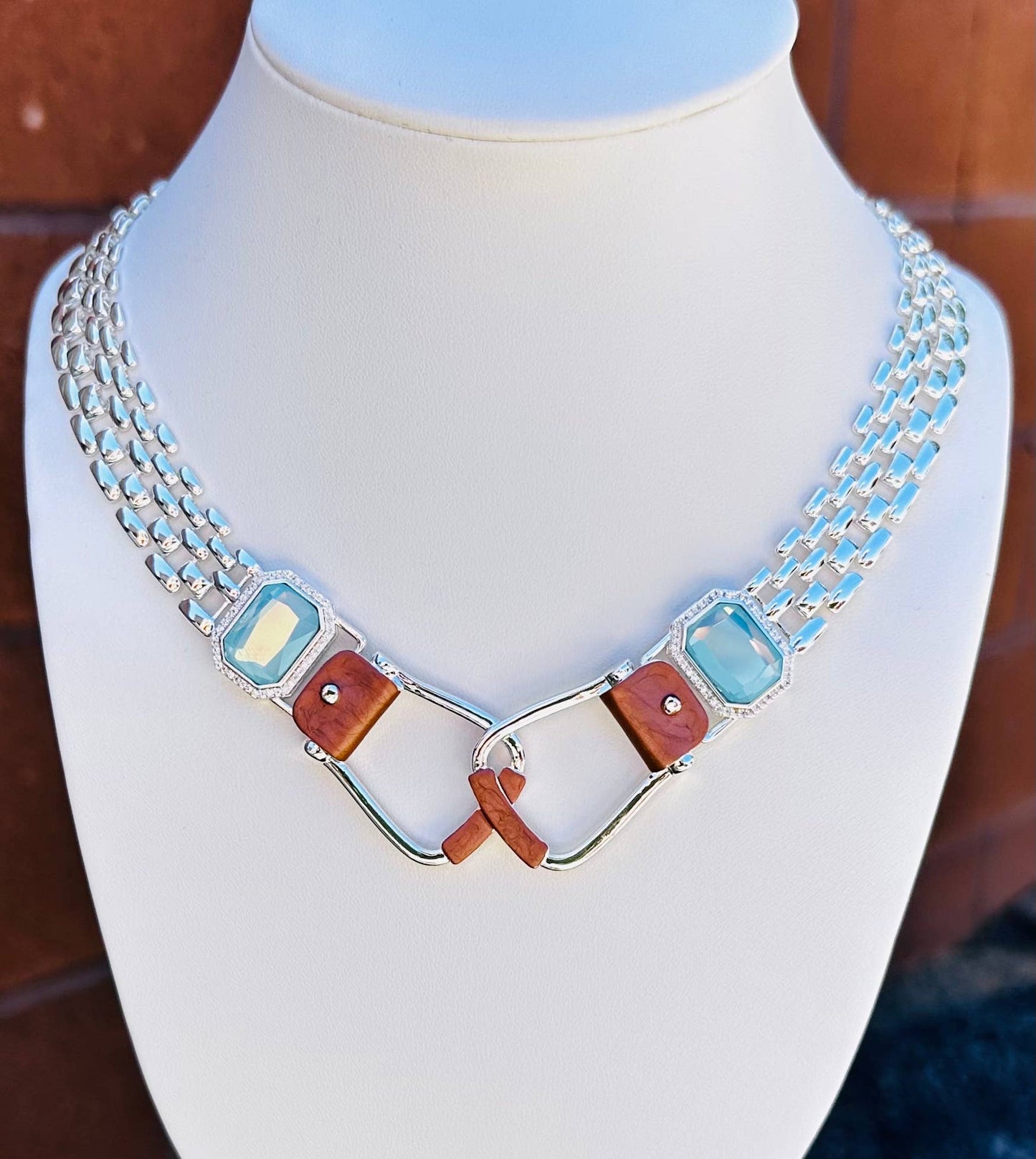 Bold Western Saddle Stirrup Necklace Aqua stone