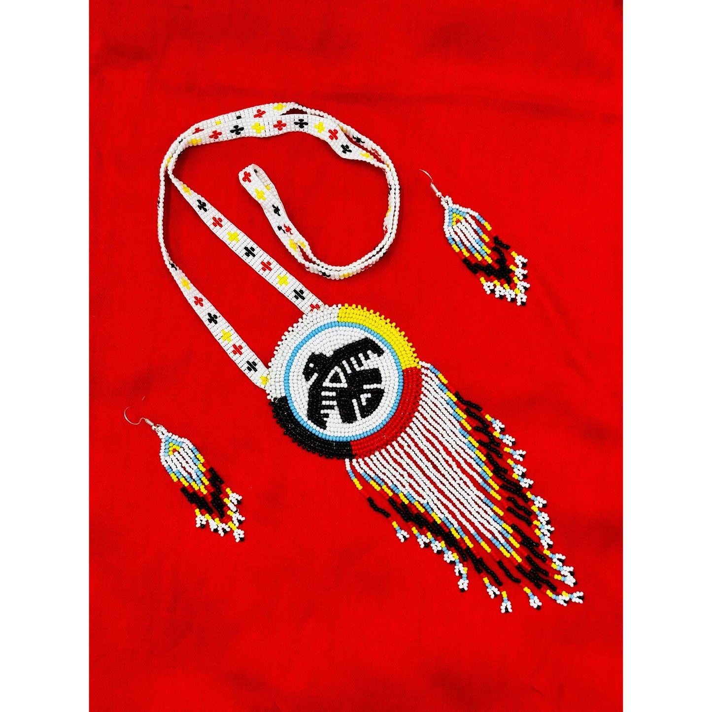 Handmade Beaded Necklace Earrings Set with 2-3 Inch Rosette Pendant - 4 Direction Thunderbird