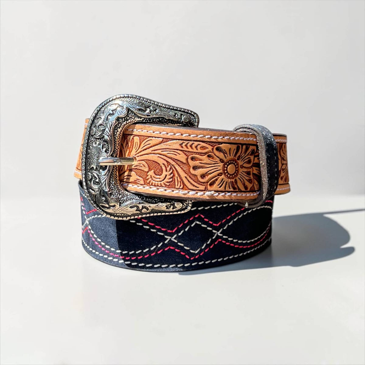 Western Linen Navy/Pink Boot Stitch Belt 