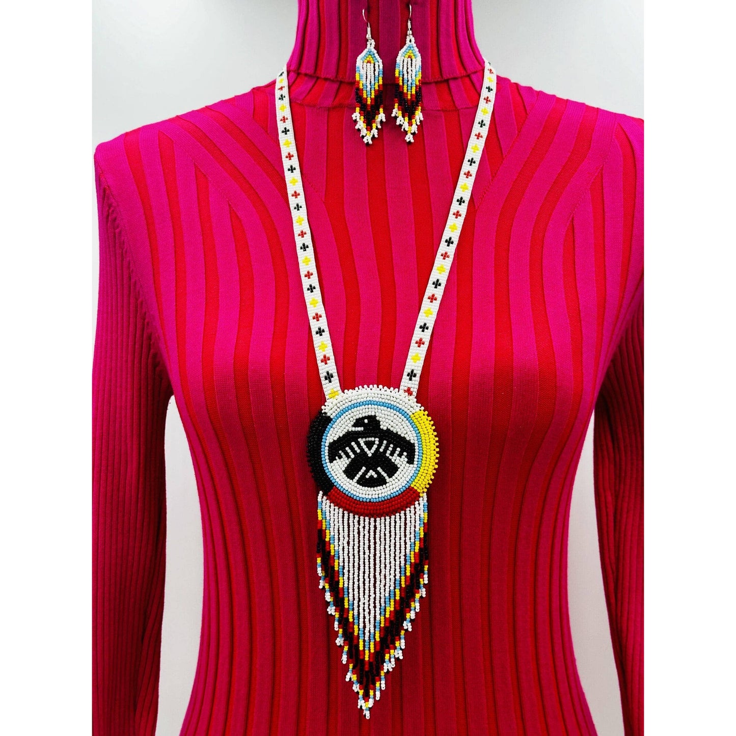 Handmade Beaded Necklace Earrings Set with 2-3 Inch Rosette Pendant - 4 Direction Thunderbird