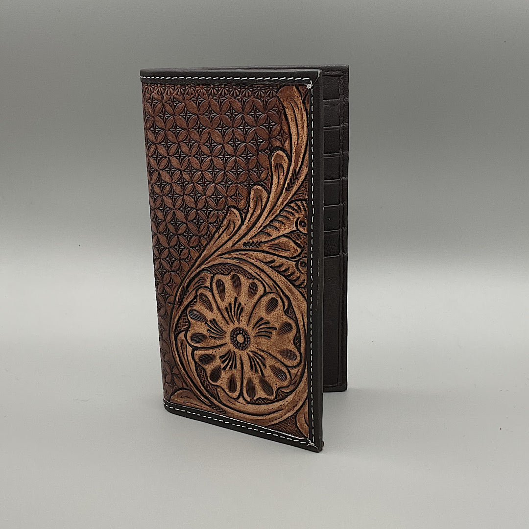 Myra Bag - Earthy Majic Brown Tooled Men’s Checkbook Cover/Tall Wallet S-5808