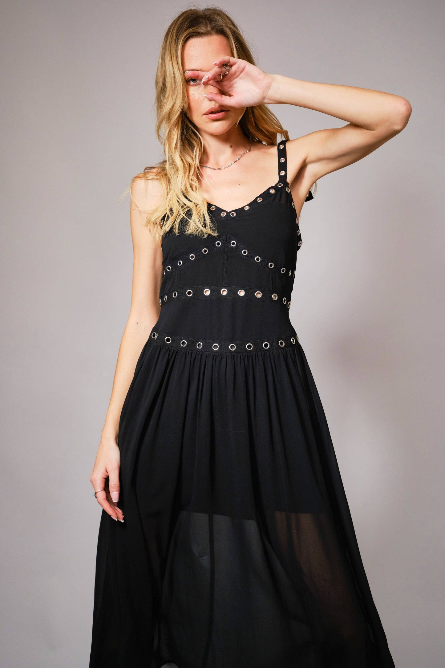 23369D - Chiffon Grommet Eyelet Trim Detailing Midi Dress