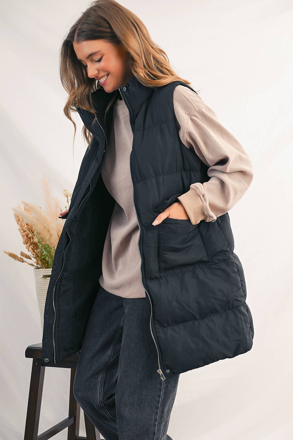 Winter Full Zipper Pockets Puffer Outerwear Vest