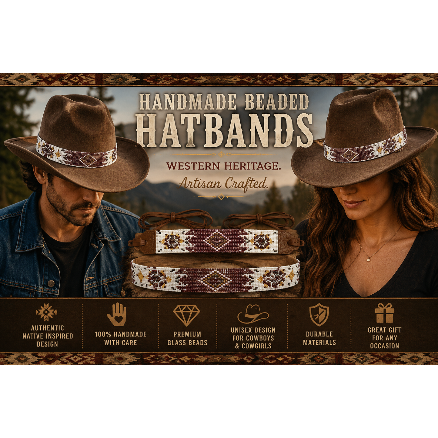 Brown White Seed Beaded Cowboy Turtle Unisex Handmade Hatband