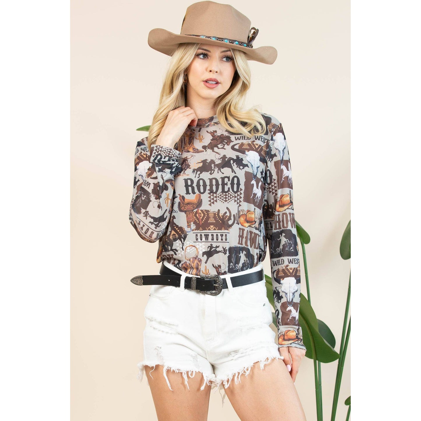 AV1230-AUBREY-6169 WESTERN RODEO SEMI SHEER MESH TOP