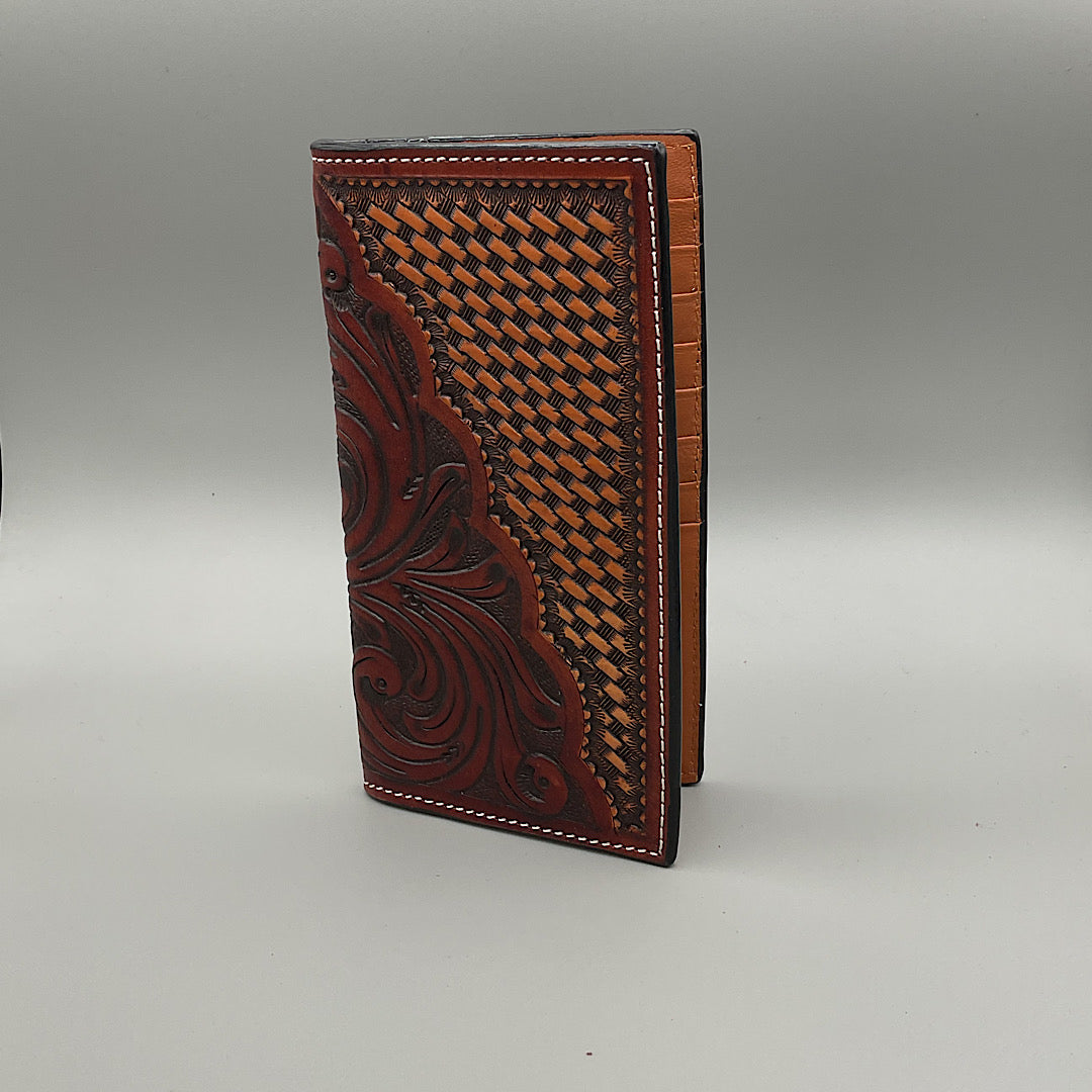 Ranger Belt Co - Chestnut Stamped & Carved Leather Men’s Checkbook Cover/Rodeo Wallet C1308