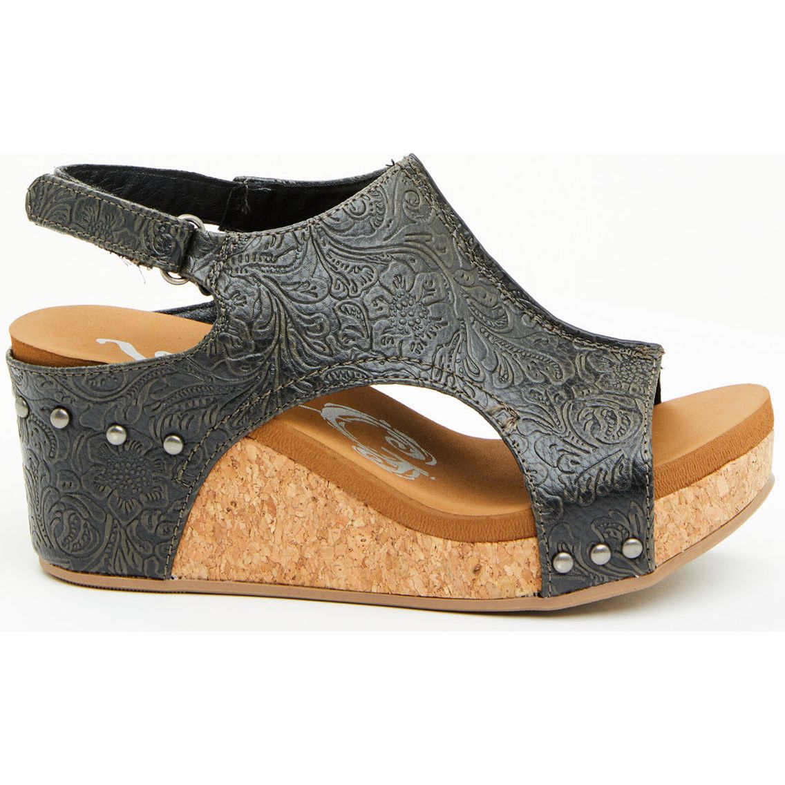 Isabella Tooled Charcoal Wedge Sandals