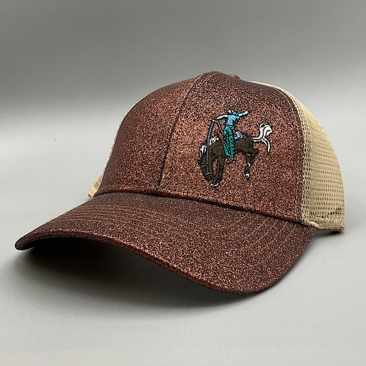 2 Fly Co - Copper Shimmer & Tan Embroidered Bronc High Pony Snap Back Ladies Ball Cap