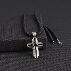 SILVER STRIKE® LAVA BEAD CROSS NECKLACE BLACK D471010