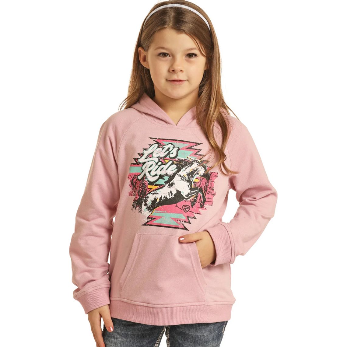 Rock & Roll Cowgirl Kid's Let's Ride Horse Pink Hoodie