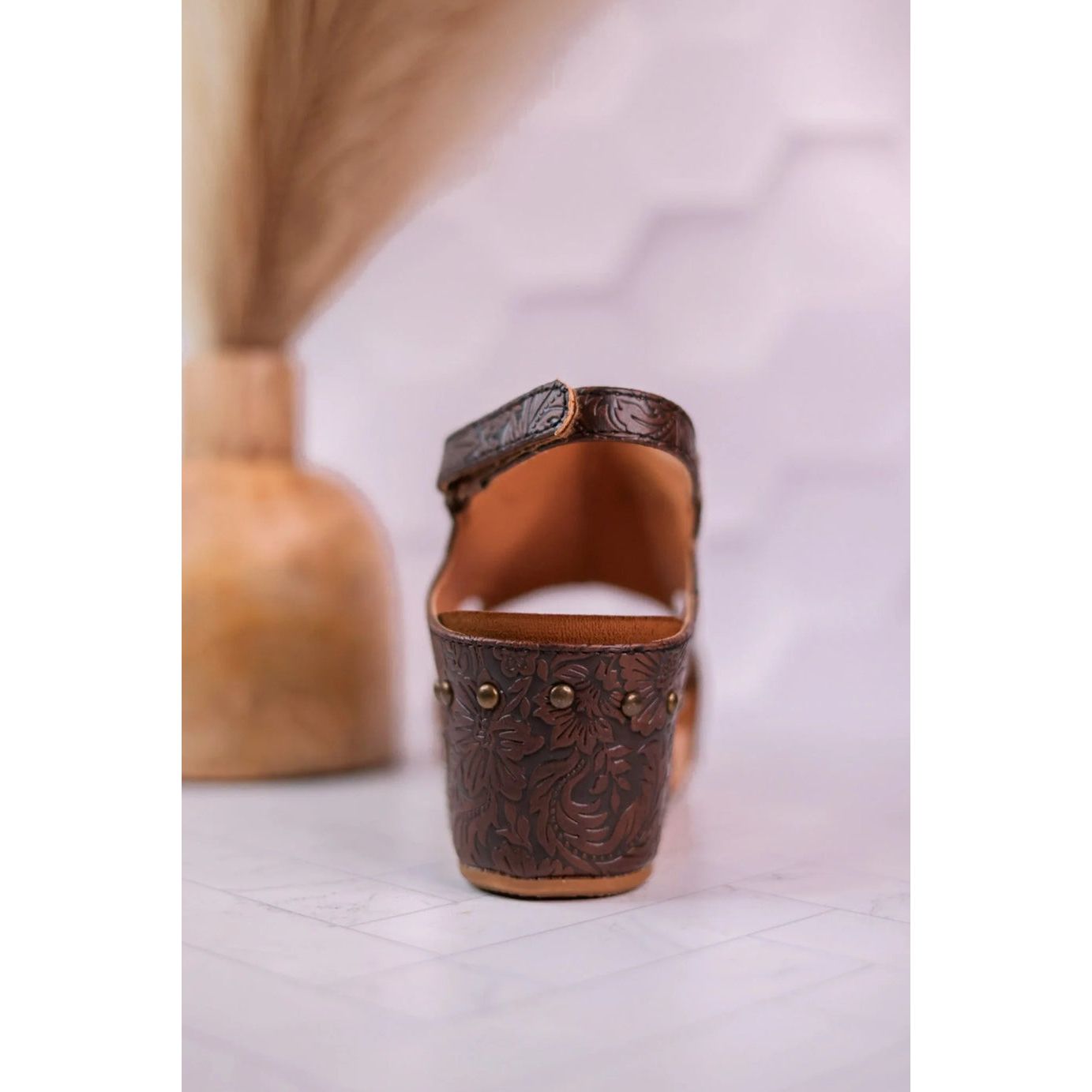 Isabella Tooled Chocolate Wedge Sandal